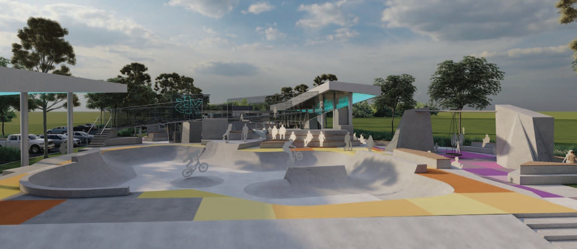 An artist's impression of the Youth Plaza skating area, with a bowl (only about a half metre deep) and several points of rest around