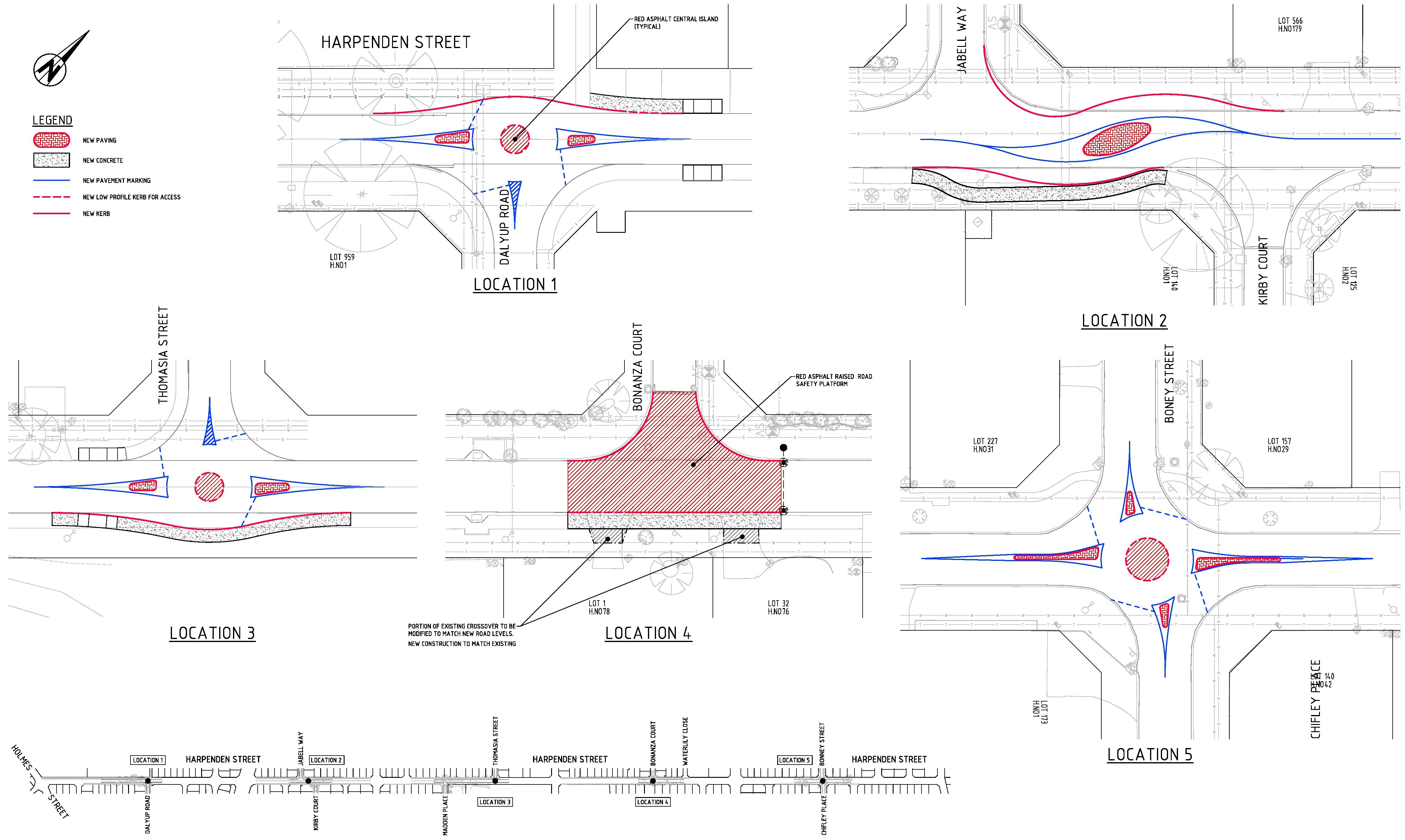 Map showing proposed locations of the speed-reducing installments along Harpenden St